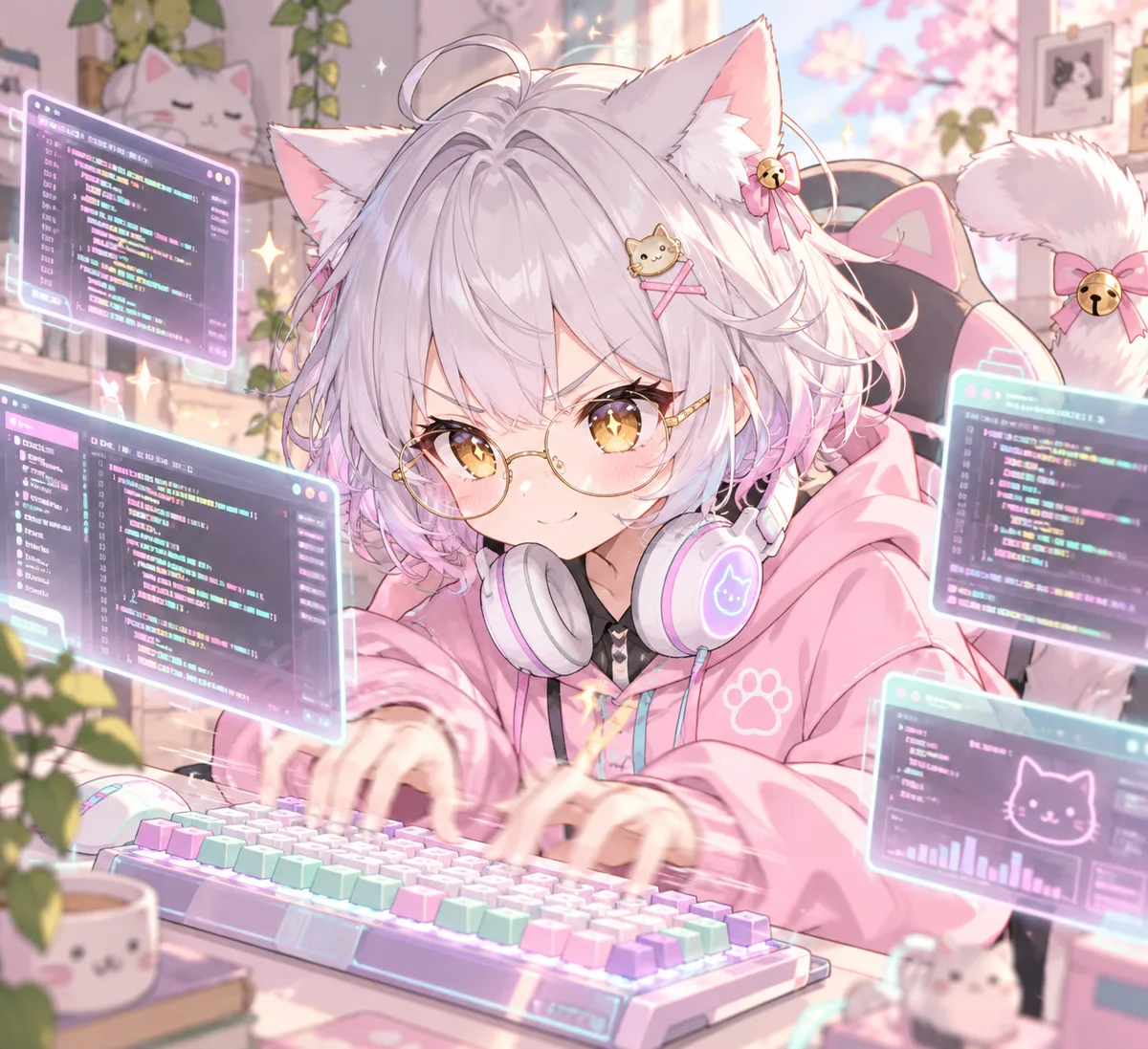 戴眼镜的猫娘在飞速敲代码