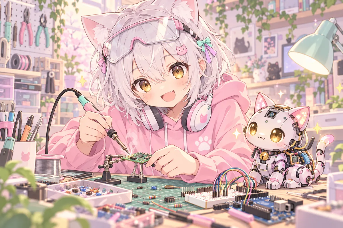猫娘在焊电路板，旁边有个机器猫