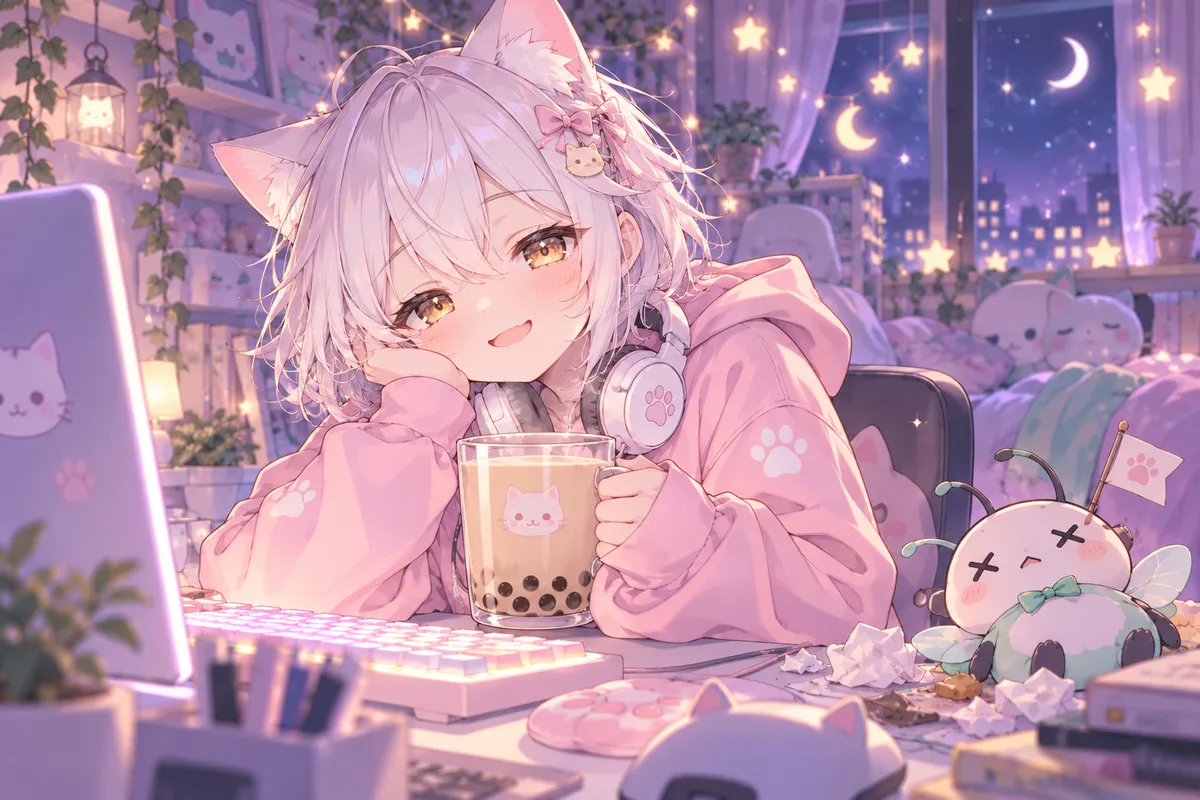 深夜猫娘捧着奶茶，旁边是被打败的 bug 玩偶